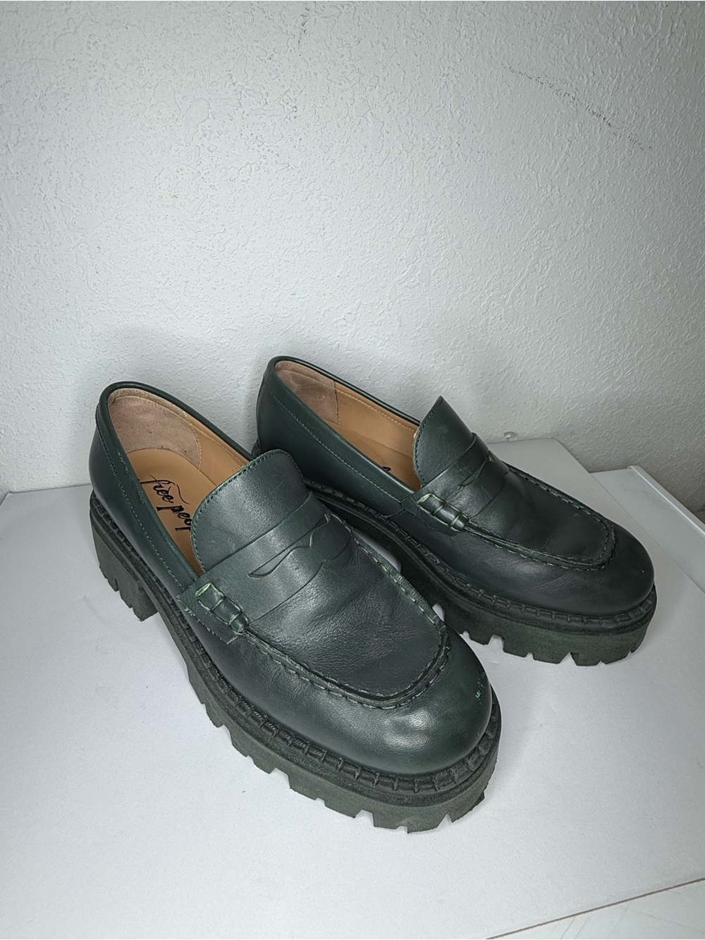 Free People Dark Green Lug Sole Penny Loafers Size 7